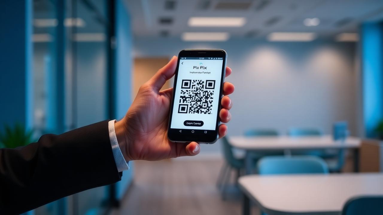 Pessoa segurando smartphone com QR code de pagamento PIX