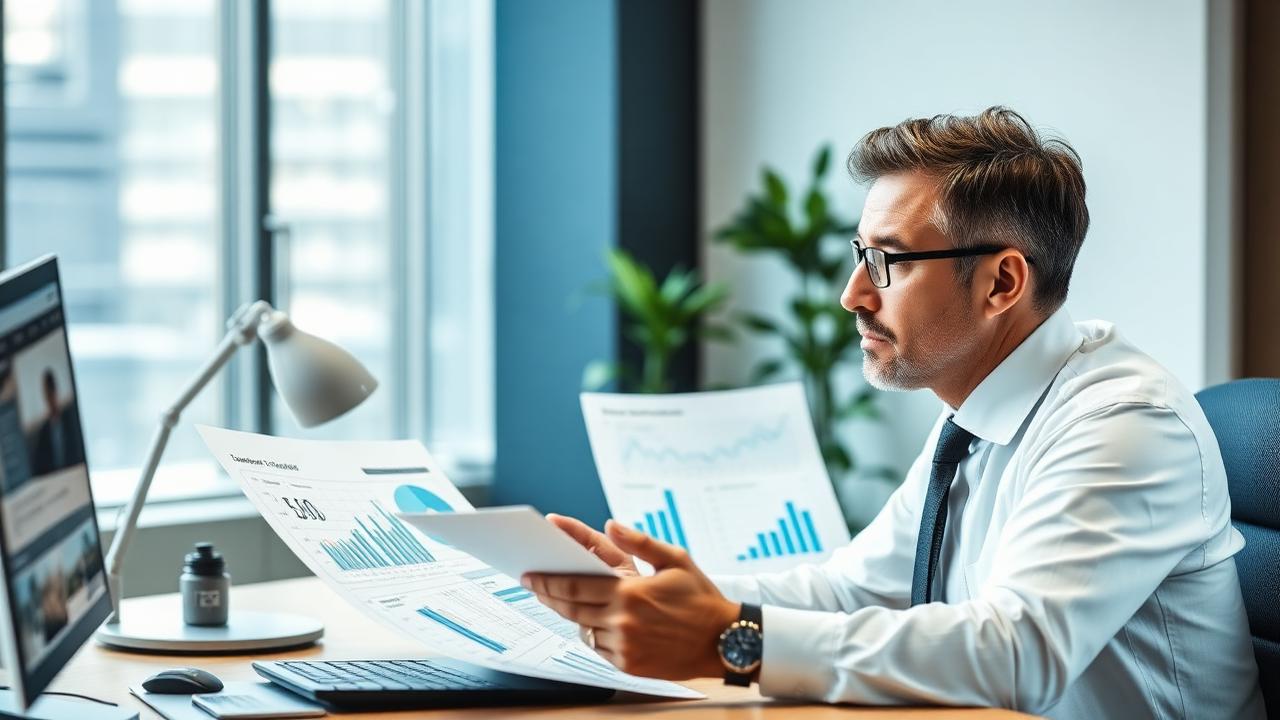 Empresário analisando relatórios financeiros e documentos tributários em escritório